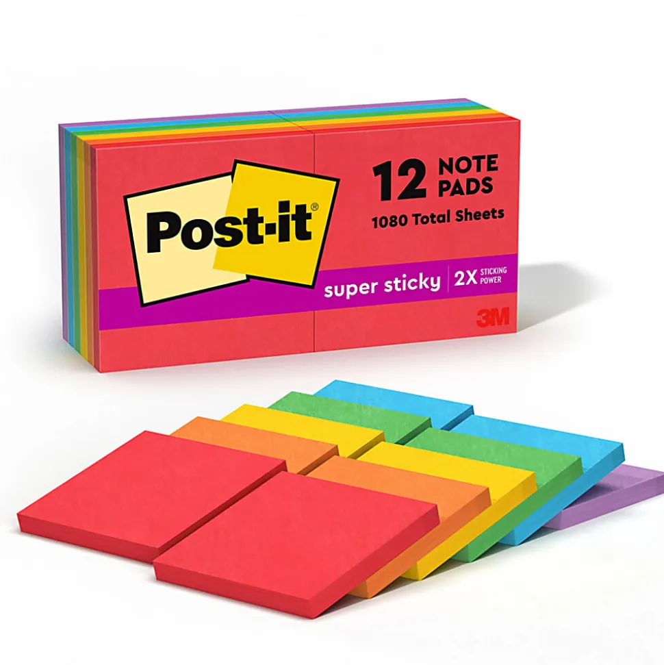 Post-it® Super Sticky Notes, 3 x 3 in, 12 Sticky Note Pads, 90 Sheets/Pad, 2X the Sticking Power, School and Office Supplies, Playful Primaries