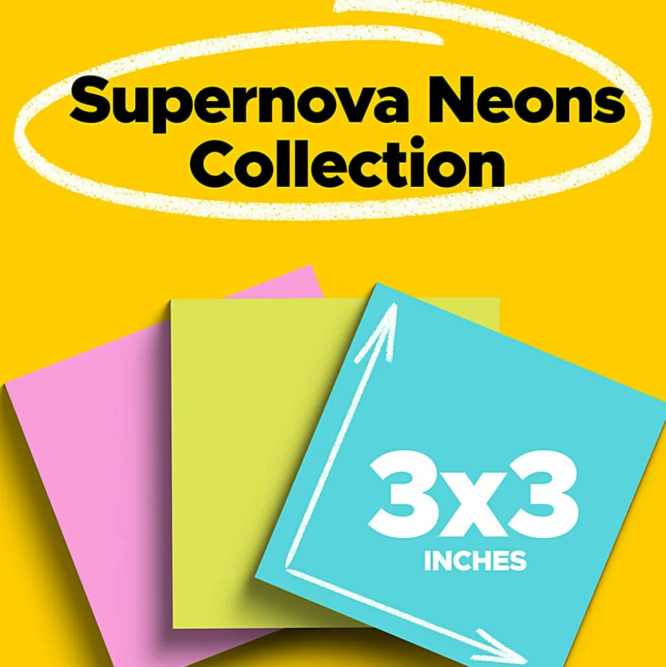 Post-it® Super Sticky Notes, 3 x 3 in, 3 Sticky Note Pads, 45 Sheets/Pad, 2X the Sticking Power, School Supplies and Office Products, Supernova Neons