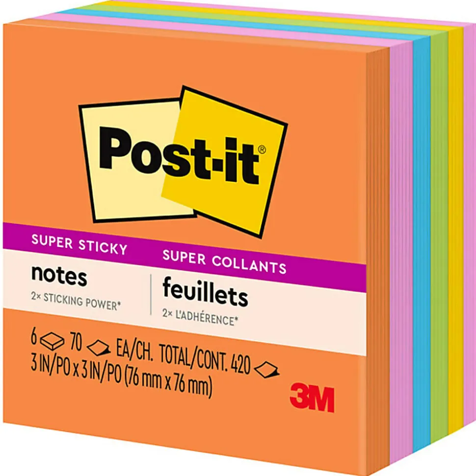 Post-it® Super Sticky Notes, 3 x 3 in, 6 Sticky Note Pads, 70 Sheets/Pad, 2X the Sticking Power, School Supplies and Office Products, Energy Boost