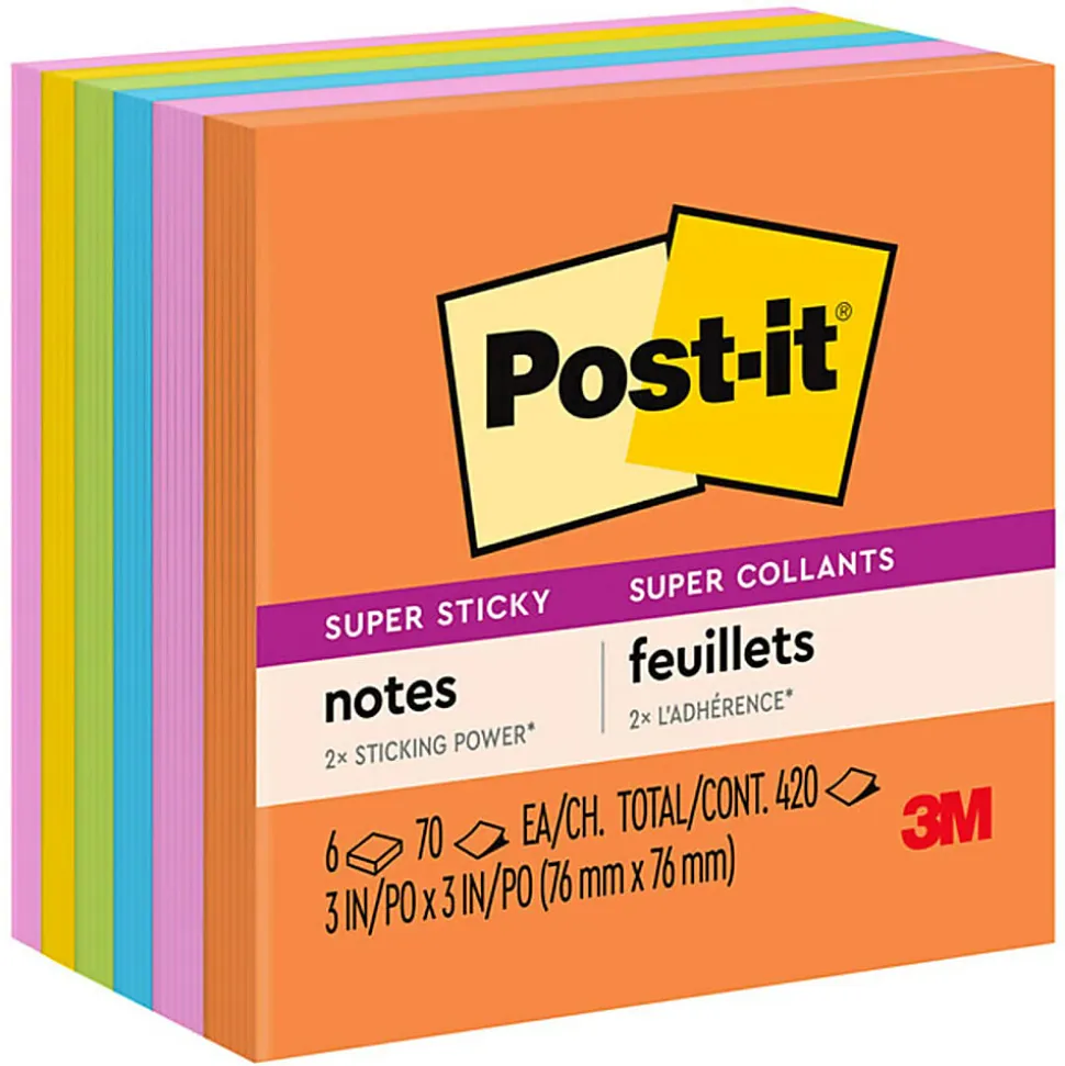 Post-it® Super Sticky Notes, 3 x 3 in, 6 Sticky Note Pads, 70 Sheets/Pad, 2X the Sticking Power, School Supplies and Office Products, Energy Boost
