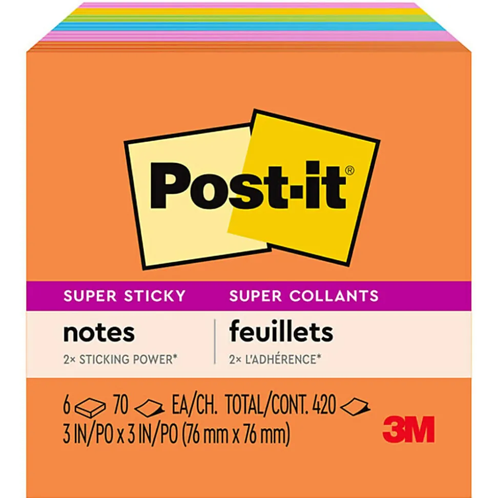 Post-it® Super Sticky Notes, 3 x 3 in, 6 Sticky Note Pads, 70 Sheets/Pad, 2X the Sticking Power, School Supplies and Office Products, Energy Boost