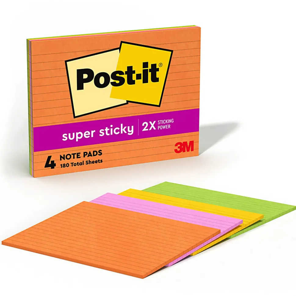 Post-it® Super Sticky Notes, 6 x 8 in, 4 Lined Sticky Note Pads, 45 Sheets/Pad, 2X the Sticking Power, School and Office Supplies, Energy Boost