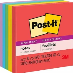 Post-it® Super Sticky Notes, 3 x 3 in, 5 Sticky Note Pads, 90 Sheets/Pad, 2X the Sticking Power, School and Office Supplies, Playful Primaries