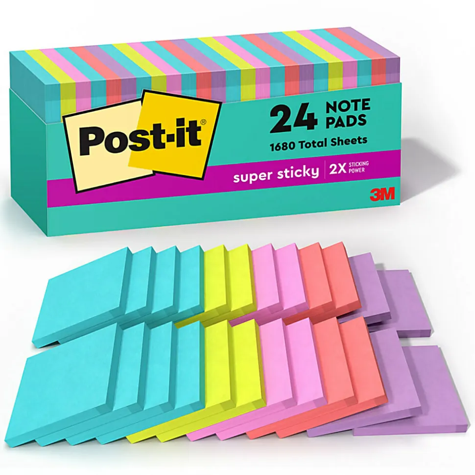 Post-it® Super Sticky Notes, 3 x 3 in, 24 Bulk Sticky Note Pads, 70 Sheets/Pad, 2X the Sticking Power, School Supplies, Supernova Neons
