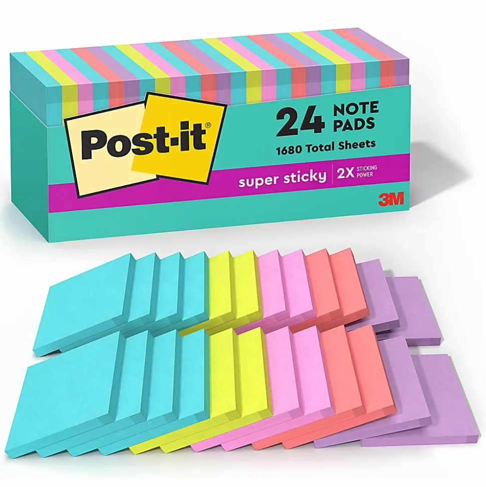 Post-it® Super Sticky Notes, 3 x 3 in, 24 Bulk Sticky Note Pads, 70 Sheets/Pad, 2X the Sticking Power, School Supplies, Supernova Neons