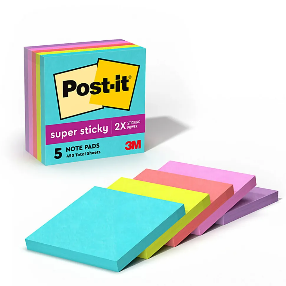 Post-it® Super Sticky Notes, 3 x 3 in, 5 Sticky Note Pads, 90 Sheets/Pad, 2X the Sticking Power, School Supplies and Office Products, Supernova Neons