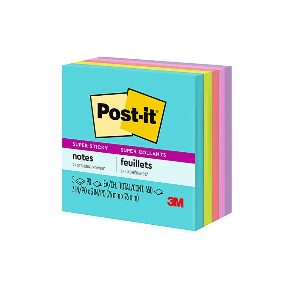 Post-it® Super Sticky Notes, 3 x 3 in, 5 Sticky Note Pads, 90 Sheets/Pad, 2X the Sticking Power, School Supplies and Office Products, Supernova Neons