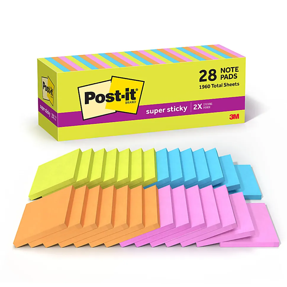 Post-it® Super Sticky Notes, 3 x 3 in, 28 Sticky Note Pads, 70 Sheets/Pad, 2X the Sticking Power, School Supplies and Office Products, Bright Colors