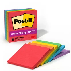 Post-it® Super Sticky Notes, 4 x 4 in, 6 Lined Sticky Note Pads, 90 Sheets/Pad, 2X the Sticking Power, School and Office Supplies, Playful Primaries