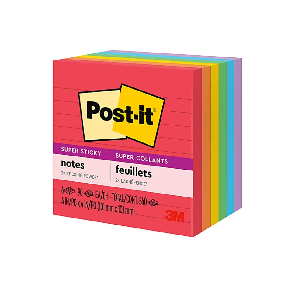 Post-it® Super Sticky Notes, 4 x 4 in, 6 Lined Sticky Note Pads, 90 Sheets/Pad, 2X the Sticking Power, School and Office Supplies, Playful Primaries
