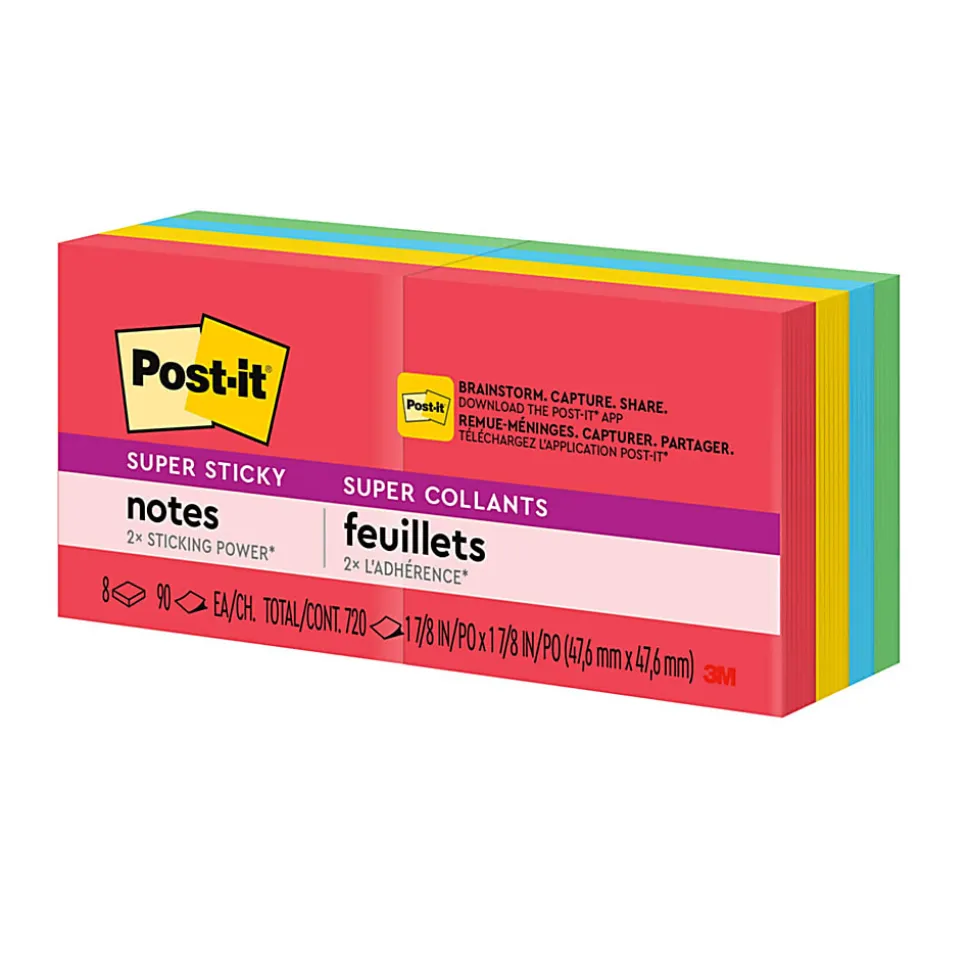Post-it® Super Sticky Notes, 1.88 x 1.88 in, 8 Sticky Note Pads, 90 Sheets/Pad, 2X the Sticking Power, School and Office Supplies, Playful Primaries