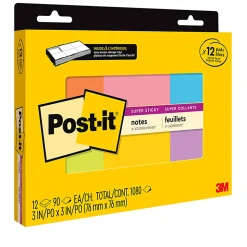 Post-it® Super Sticky Notes, 3 x 3 in, 12 Pads, 90 Sheets/Pad, 2X the Sticking Power, Clean Removal, Assorted Colors