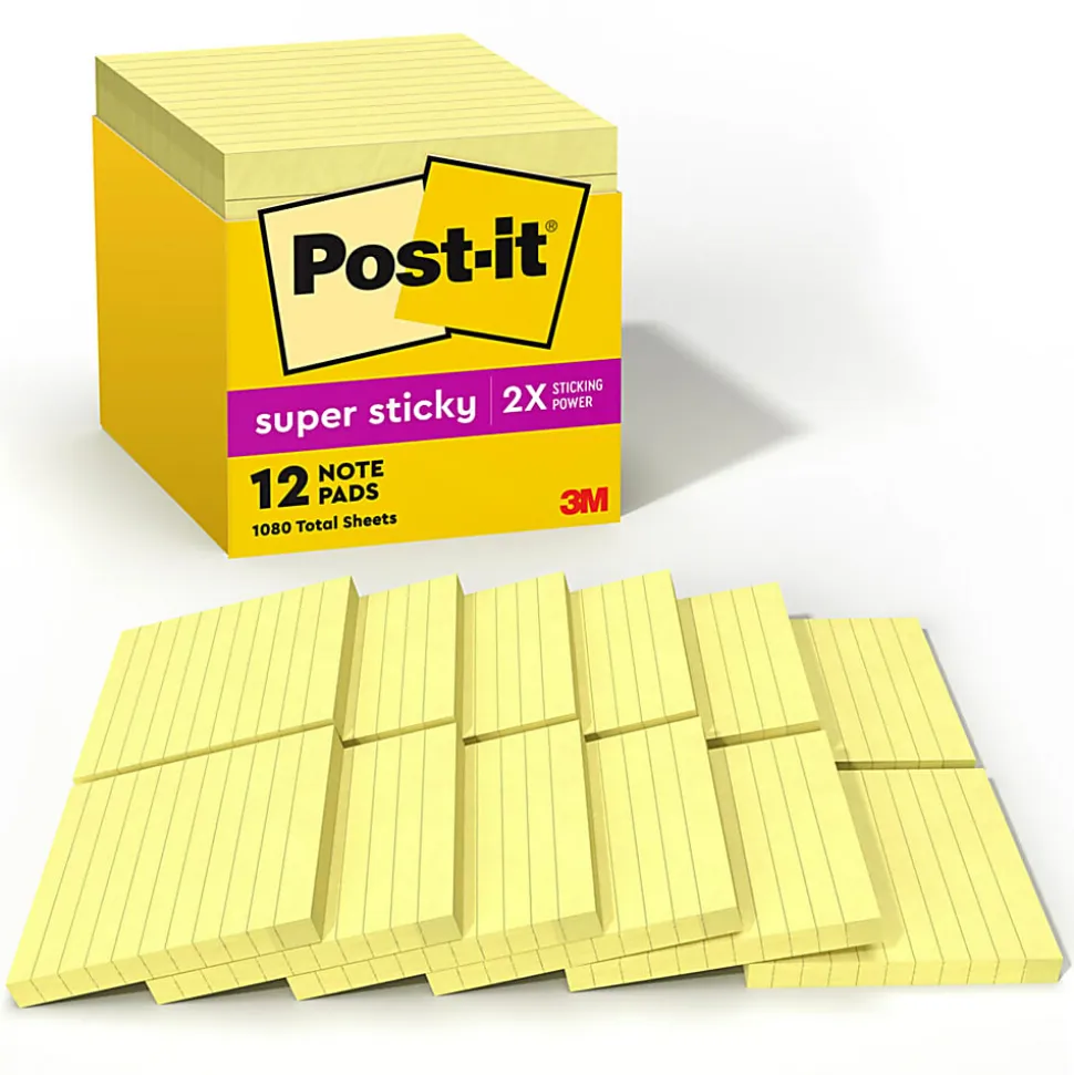 Post-it® Super Sticky Notes, 4 x 4 in, 12 Lined Sticky Note Pads, 90 Sheets/Pad, School Supplies and Office Products, Canary Yellow