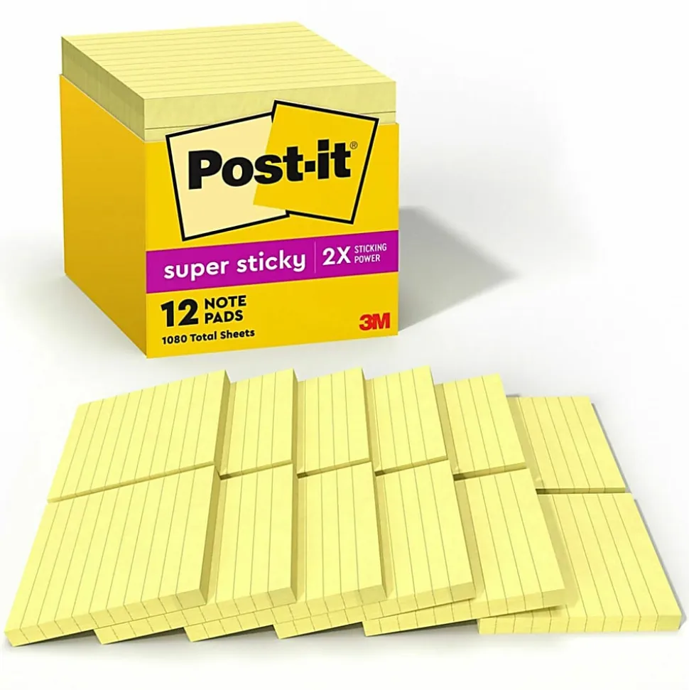 Post-it® Super Sticky Notes, 4 x 4 in, 12 Lined Sticky Note Pads, 90 Sheets/Pad, School Supplies and Office Products, Canary Yellow