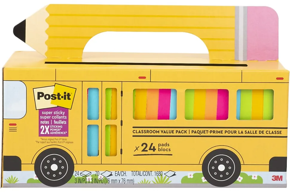 Post-it® Super Sticky Notes, 3 x 3 in, 24 Sticky Note Pads, 70 Sheets/Pad, 2X the Sticking Power, School and Office Supplies, Bus Cabinet Pack
