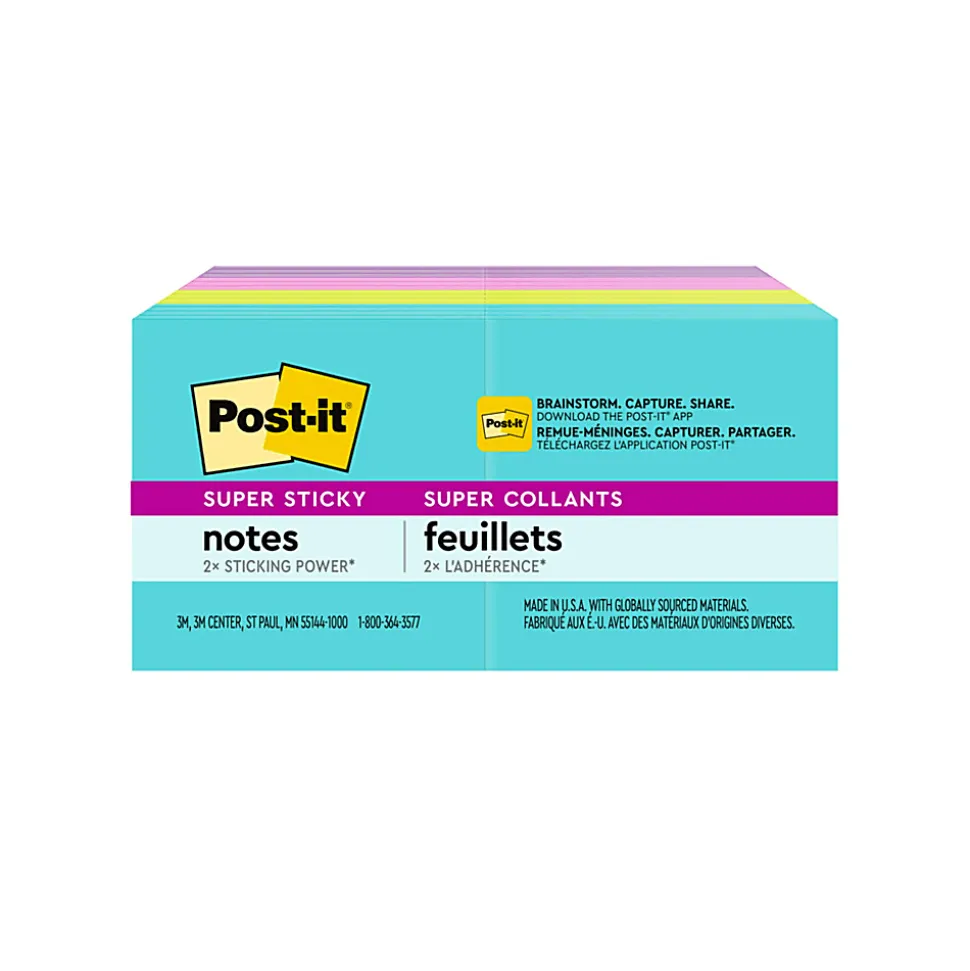 Post-it® Super Sticky Notes, 1.88 x 1.88 in, 8 Mini Sticky Note Pads, 90 Sheets/Pad, 2X the Sticking Power, School Supplies, Supernova Neons