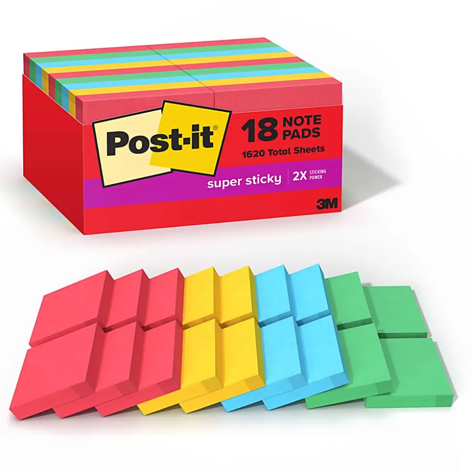 Post-it® Super Sticky Notes, 1.88 x 1.88 in, 18 Sticky Note Pads, 90 Sheets/Pad, School Supplies and Office Products, Playful Primaries