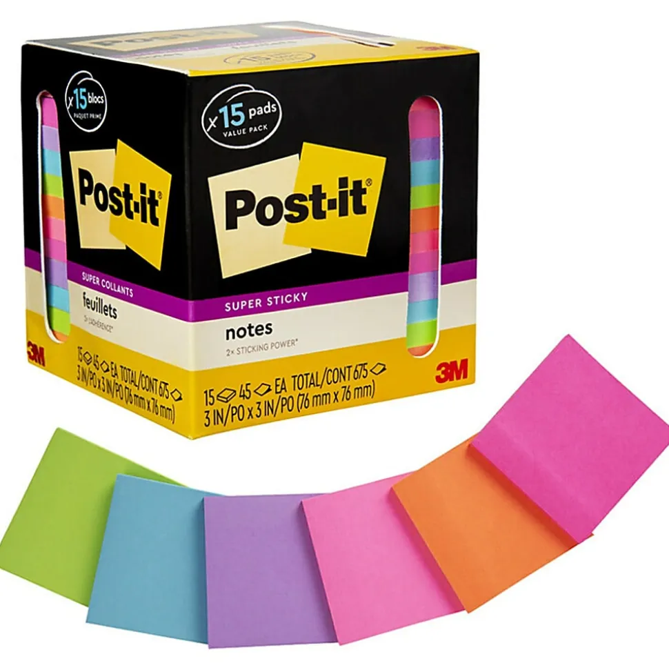Post-it® Super Sticky Notes, 3 x 3 in, 15 Sticky Note Pads, 45 Sheets/Pad, 2X the Sticking Power, School Supplies and Office Products, Assorted Colors