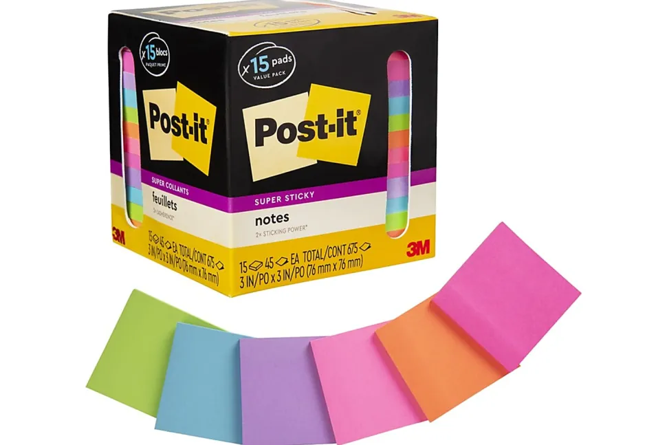 Post-it® Super Sticky Notes, 3 x 3 in, 15 Sticky Note Pads, 45 Sheets/Pad, 2X the Sticking Power, School Supplies and Office Products, Assorted Colors