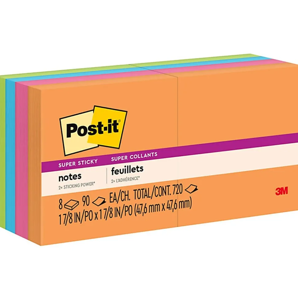 Post-it® Super Sticky Notes, 1.88 x 1.88 in, 8 Mini Sticky Note Pads, 90 Sheets/Pad, 2X the Sticking Power, School and Office Supplies, Energy Boost