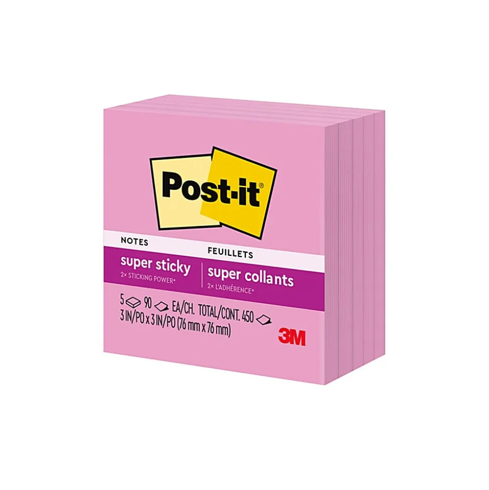 Post-it® Super Sticky Notes, 3 x 3 in, 5 Sticky Note Pads, 90 Sheets/Pad, 2X the Sticking Power, School Supplies and Office Products, Tropical Pink
