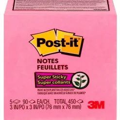 Post-it® Super Sticky Notes, 3 x 3 in, 5 Sticky Note Pads, 90 Sheets/Pad, 2X the Sticking Power, School Supplies and Office Products, Tropical Pink