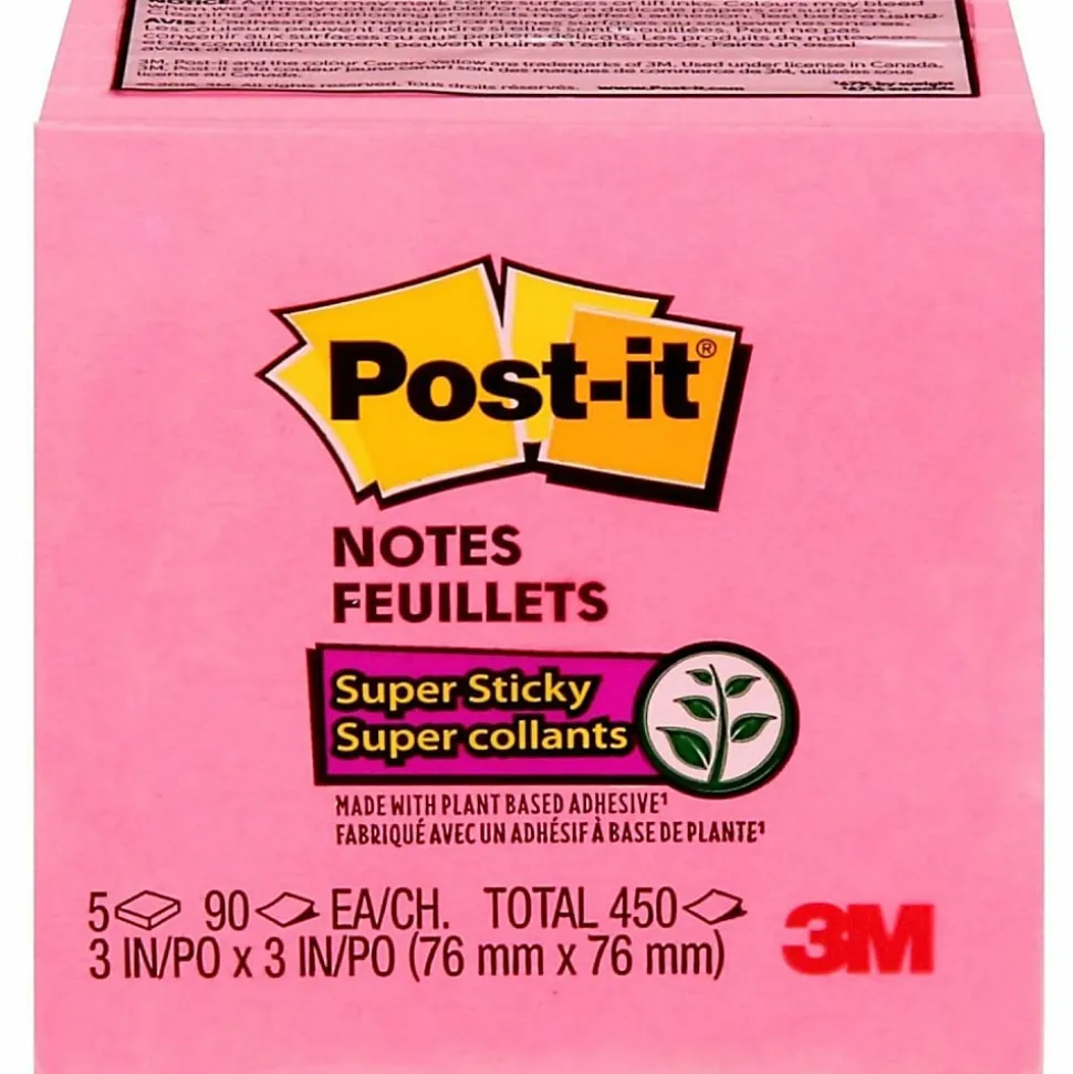 Post-it® Super Sticky Notes, 3 x 3 in, 5 Sticky Note Pads, 90 Sheets/Pad, 2X the Sticking Power, School Supplies and Office Products, Tropical Pink