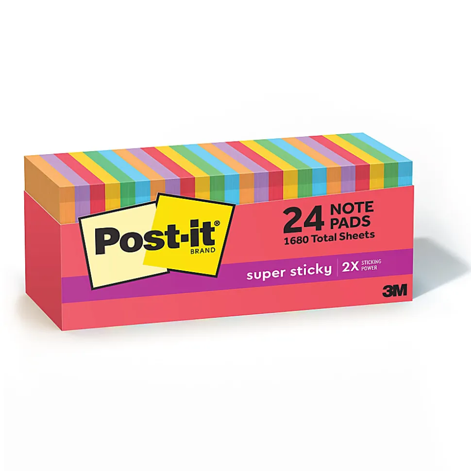 Post-it® Super Sticky Notes, 3 x 3 in, 24 Bulk Sticky Note Pads, 70 Sheets/Pad, 2X the Sticking Power, School and Office Supplies, Playful Primaries