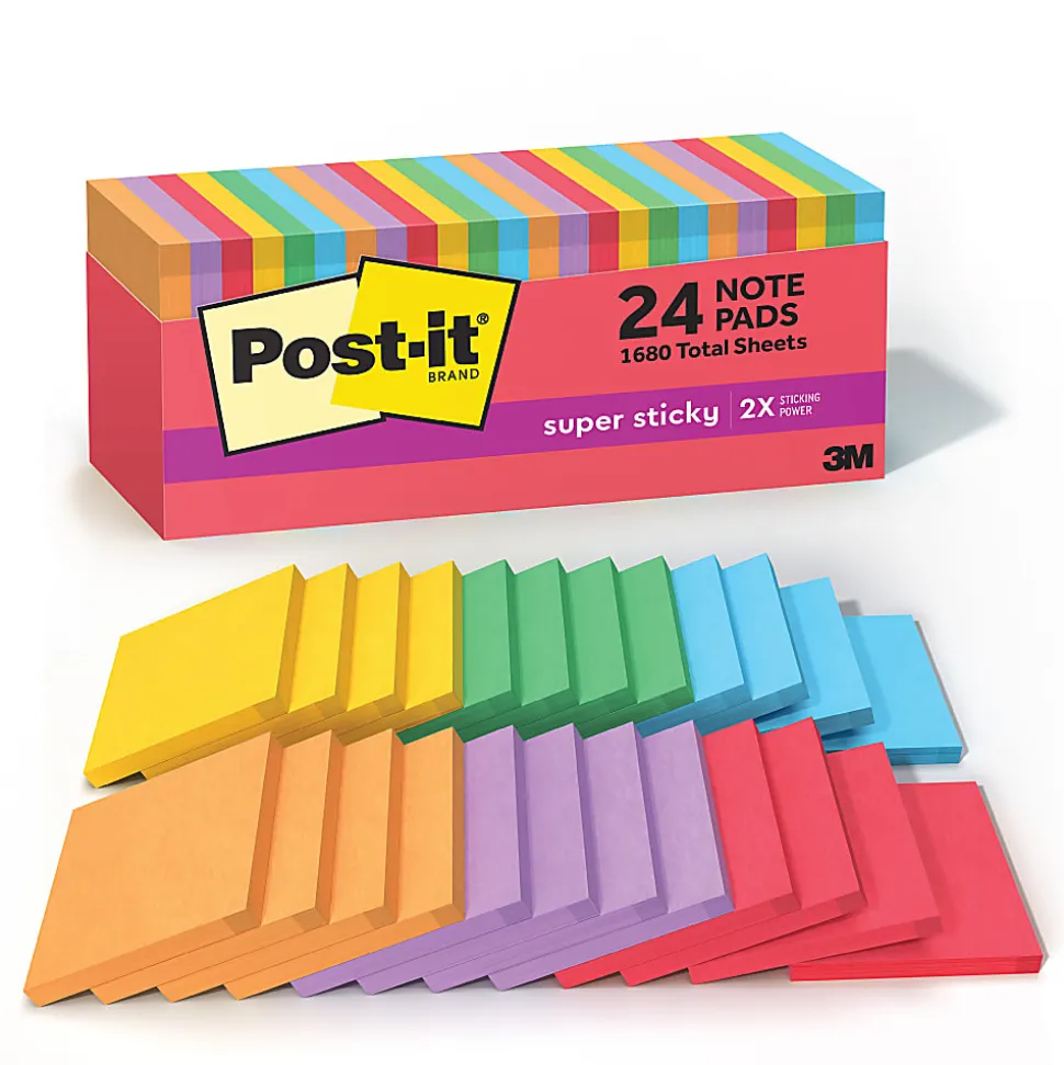 Post-it® Super Sticky Notes, 3 x 3 in, 24 Bulk Sticky Note Pads, 70 Sheets/Pad, 2X the Sticking Power, School and Office Supplies, Playful Primaries