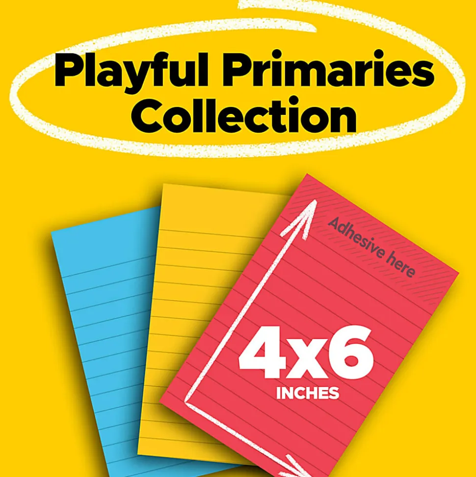 Post-it® Super Sticky Notes, 4" x 6", Playful Primaries Collection, Lined, 90 Sheets, Pack Of 3 Pads