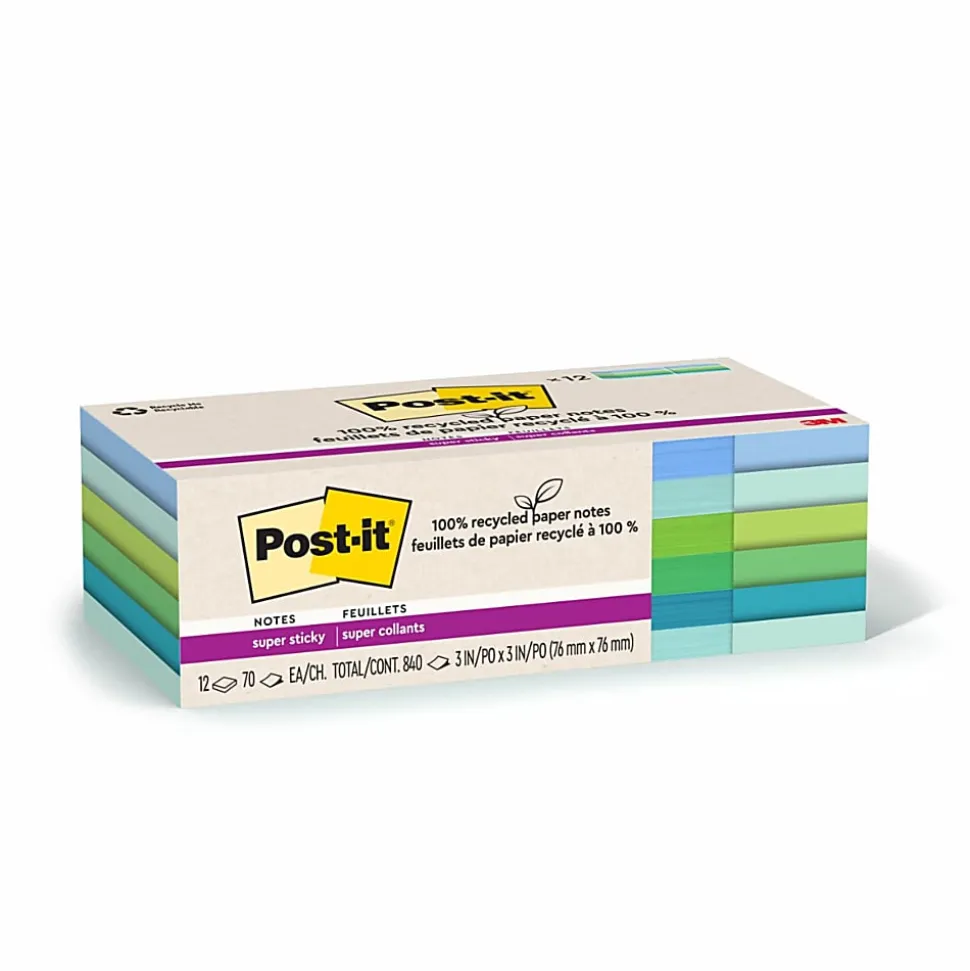 Post-it® Super Sticky Recycled Notes, 3 in x 3 in, 12 Pads, 70 Sheets/Pad, Oasis collection