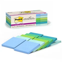 Post-it® Super Sticky Recycled Notes, 3 in x 3 in, 12 Pads, 70 Sheets/Pad, Oasis collection
