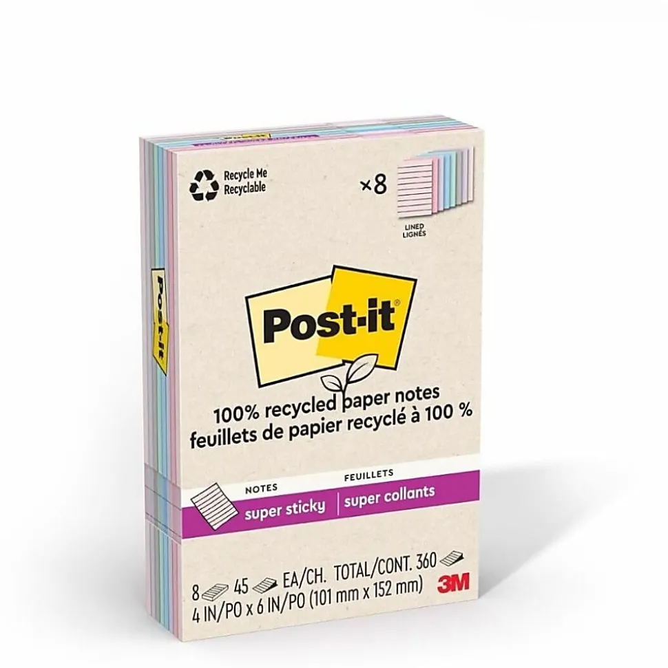 Post-it® Super Sticky 100% Recycled Paper Notes, 4 x 6 in, 8 Lined Sticky Note Pads, 45 Sheets/Pad, School Supplies and Office Products, Oasis