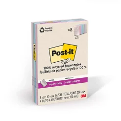 Post-it® Super Sticky 100% Recycled Paper Notes, 4 x 6 in, 8 Lined Sticky Note Pads, 45 Sheets/Pad, School Supplies and Office Products, Oasis