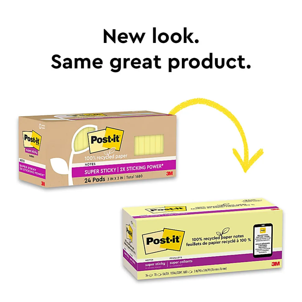 Post-it® Super Sticky 100% Recycled Paper Notes, 3 x 3 in, 24 Sticky Pads, 70 Sheets/Pad, 2X the Sticking Power, School and Office Supplies, Yellow