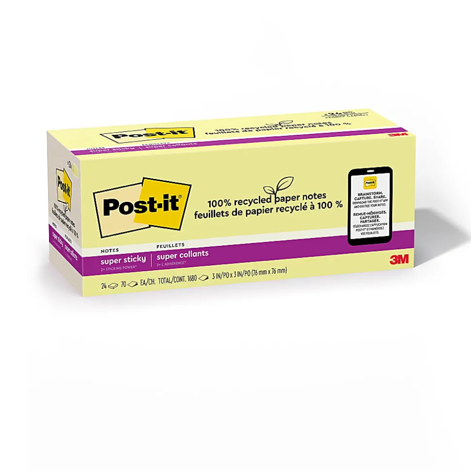 Post-it® Super Sticky 100% Recycled Paper Notes, 3 x 3 in, 24 Sticky Pads, 70 Sheets/Pad, 2X the Sticking Power, School and Office Supplies, Yellow