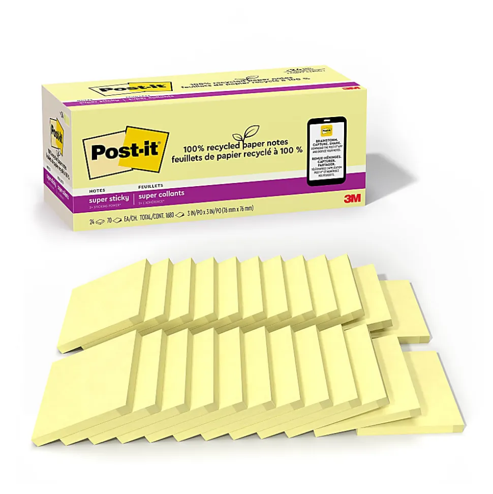 Post-it® Super Sticky 100% Recycled Paper Notes, 3 x 3 in, 24 Sticky Pads, 70 Sheets/Pad, 2X the Sticking Power, School and Office Supplies, Yellow