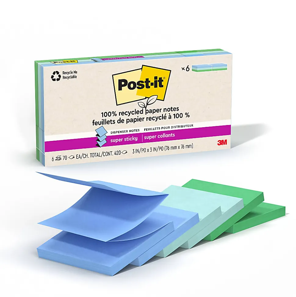 Post-it® Super Sticky 100% Recycled Paper Notes, 3 x 3 in, 6 Sticky Note Pads, 70 Sheets/Pad, School and Office Supplies, Oasis
