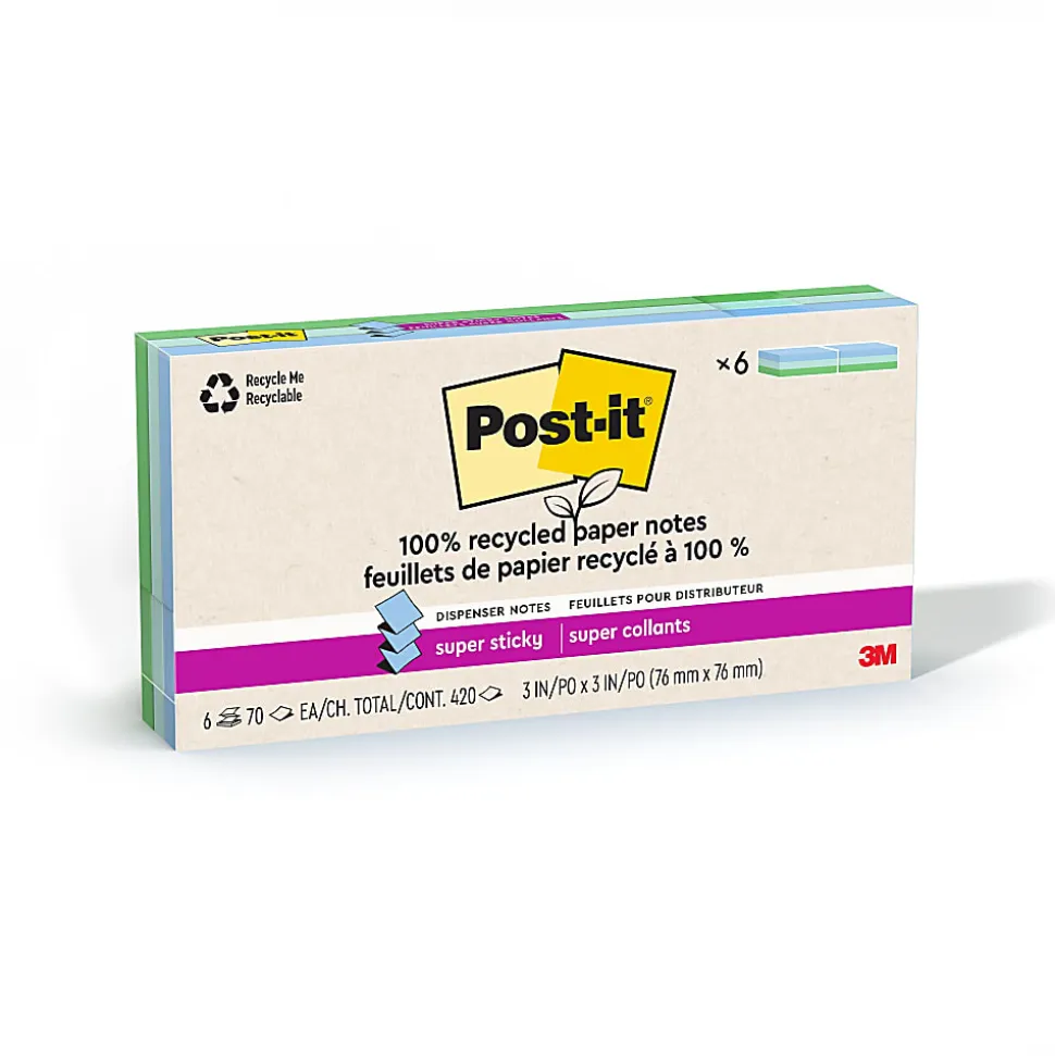 Post-it® Super Sticky 100% Recycled Paper Notes, 3 x 3 in, 6 Sticky Note Pads, 70 Sheets/Pad, School and Office Supplies, Oasis