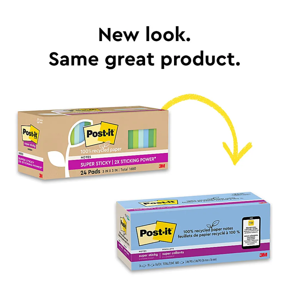 Post-it® Super Sticky 100% Recycled Paper Notes, 3 x 3 in, 24 Sticky Note Pads, 70 Sheets/Pad, School Supplies and Office Products, Oasis