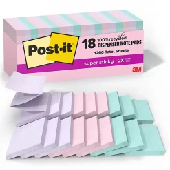 Post-it® Super Sticky 100% Recycled Paper Notes, 3 x 3 in, 18 Sticky Pads, 70 Sheets/Pad, 2X the Sticking Power, School Supplies, Wanderlust Pastels
