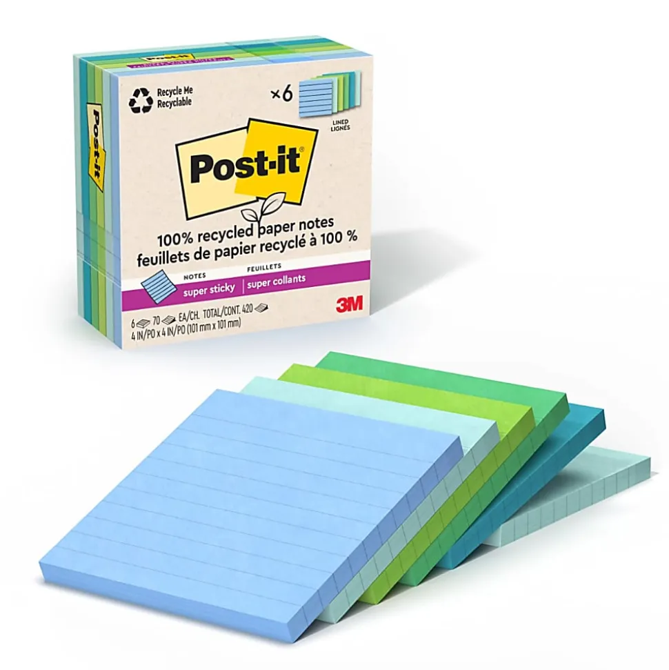 Post-it® Super Sticky 100% Recycled Paper Notes, 4 x 4 in, 6 Lined Sticky Note Pads, 70 Sheets/Pad, 2X the Sticking Power, School Supplies, Oasis