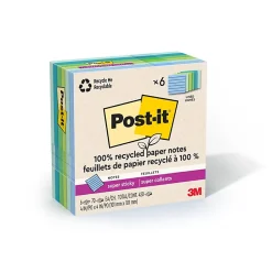 Post-it® Super Sticky 100% Recycled Paper Notes, 4 x 4 in, 6 Lined Sticky Note Pads, 70 Sheets/Pad, 2X the Sticking Power, School Supplies, Oasis
