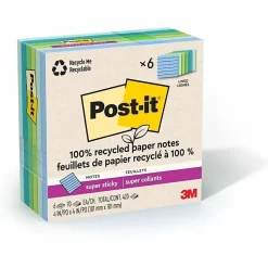Post-it® Super Sticky 100% Recycled Paper Notes, 4 x 4 in, 6 Lined Sticky Note Pads, 70 Sheets/Pad, 2X the Sticking Power, School Supplies, Oasis