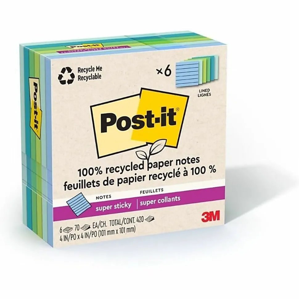 Post-it® Super Sticky 100% Recycled Paper Notes, 4 x 4 in, 6 Lined Sticky Note Pads, 70 Sheets/Pad, 2X the Sticking Power, School Supplies, Oasis