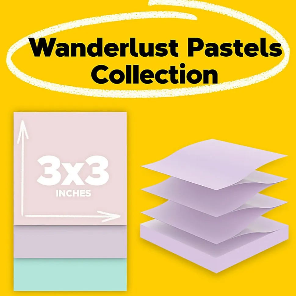 Post-it® Super Sticky 100% Recycled Paper Notes, 3 x 3 in, 6 Sticky Note Pads, 70 Sheets/Pad, School Supplies and Office Products, Wanderlust Pastels