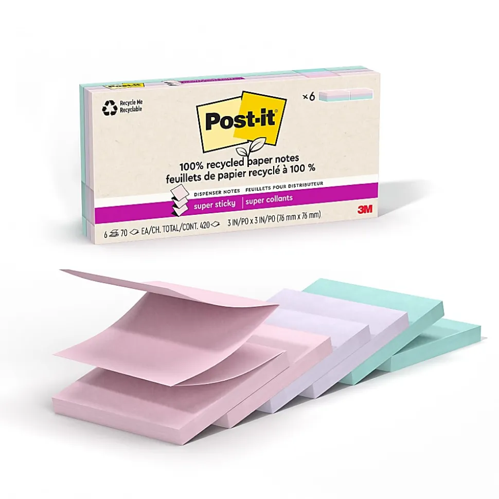 Post-it® Super Sticky 100% Recycled Paper Notes, 3 x 3 in, 6 Sticky Note Pads, 70 Sheets/Pad, School Supplies and Office Products, Wanderlust Pastels