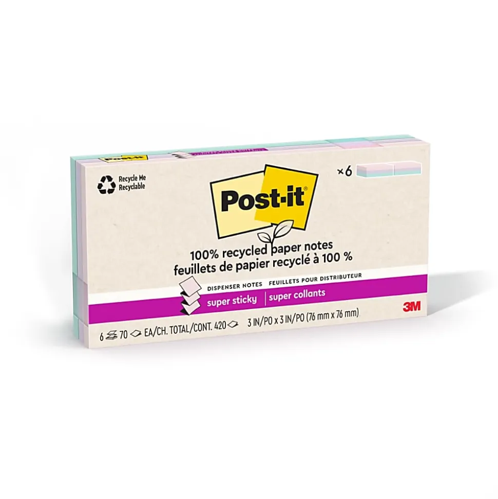 Post-it® Super Sticky 100% Recycled Paper Notes, 3 x 3 in, 6 Sticky Note Pads, 70 Sheets/Pad, School Supplies and Office Products, Wanderlust Pastels