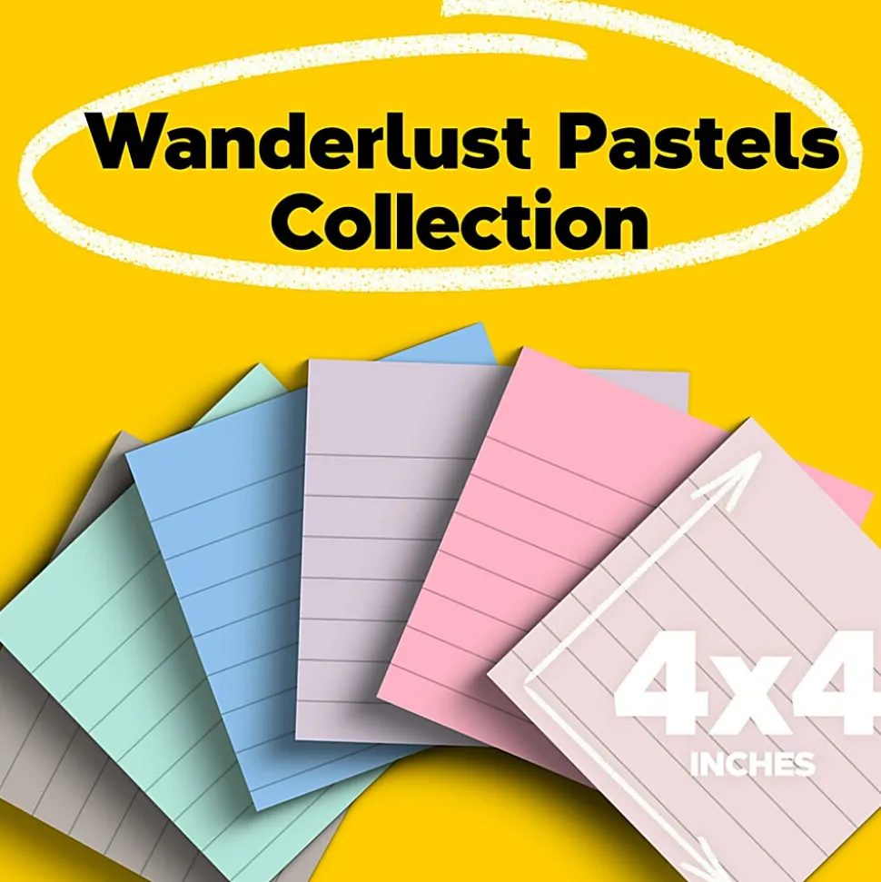 Post-it® Super Sticky 100% Recycled Paper Notes, 4 x 4 in, 6 Lined Sticky Note Pads, 70 Sheets/Pad, School and Office Supplies, Wanderlust Pastels
