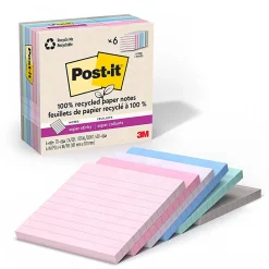 Post-it® Super Sticky 100% Recycled Paper Notes, 4 x 4 in, 6 Lined Sticky Note Pads, 70 Sheets/Pad, School and Office Supplies, Wanderlust Pastels